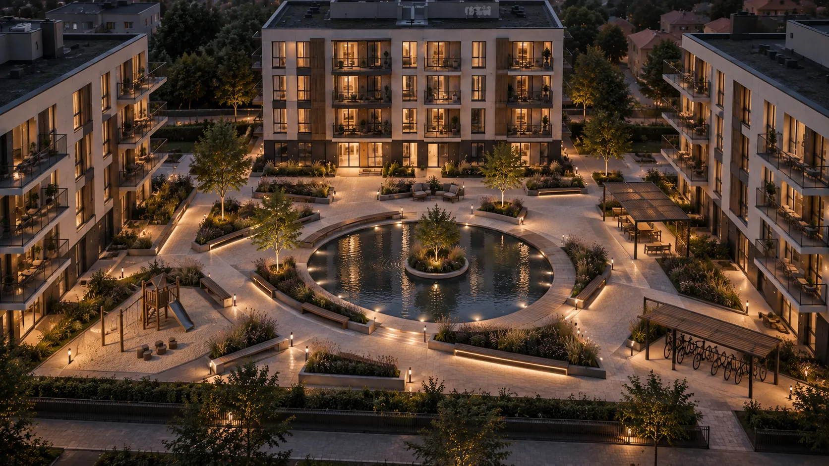 Centralne patio inwestycji NOMA wieczorem